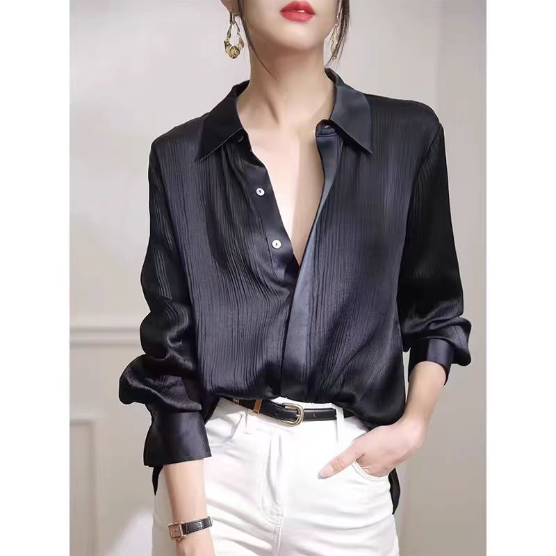 Thumbnail: Women's Shirts Spring New Black Satin Texture Loose Long-sleeved Blouse Elegant 