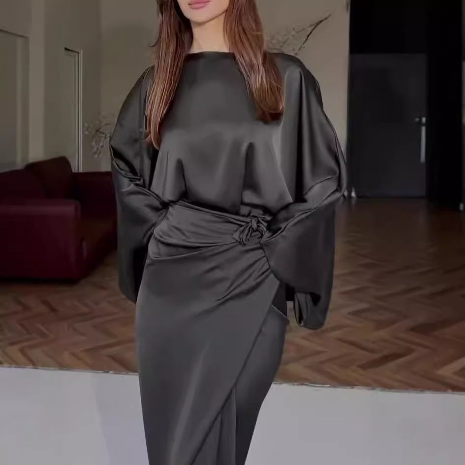 Thumbnail: Simple Bat Sleeve Strap Solid Color Dress for Women 2025 Spring Summer New Loose