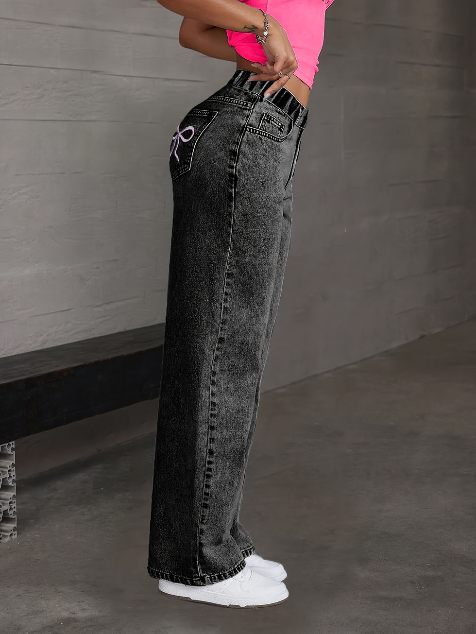 Thumbnail: Girl's Y2K style butterfly knot embroidered casual trendy all-purpose straight d