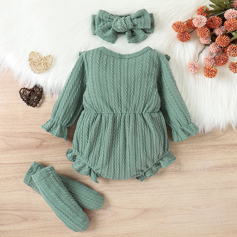 Thumbnail: 0-12M Infant Baby Girls 3Pcs Fall Outfits Long Sleeve Button Front Ruffle Romper
