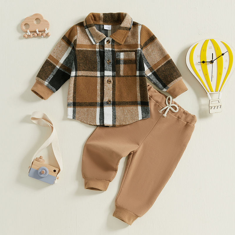 Thumbnail: 1-5Years Kids Baby Boy Autumn Clothes Outfits Plaid Print Long Sleeve Shirt and 