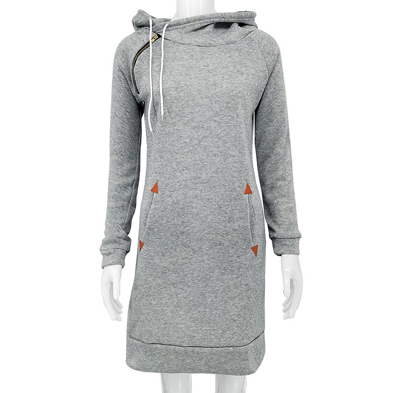 Thumbnail: Women‘s Knee-Length Pockets Dress Hooded Warm Sweat Shirt Long Sleeve Side Zip