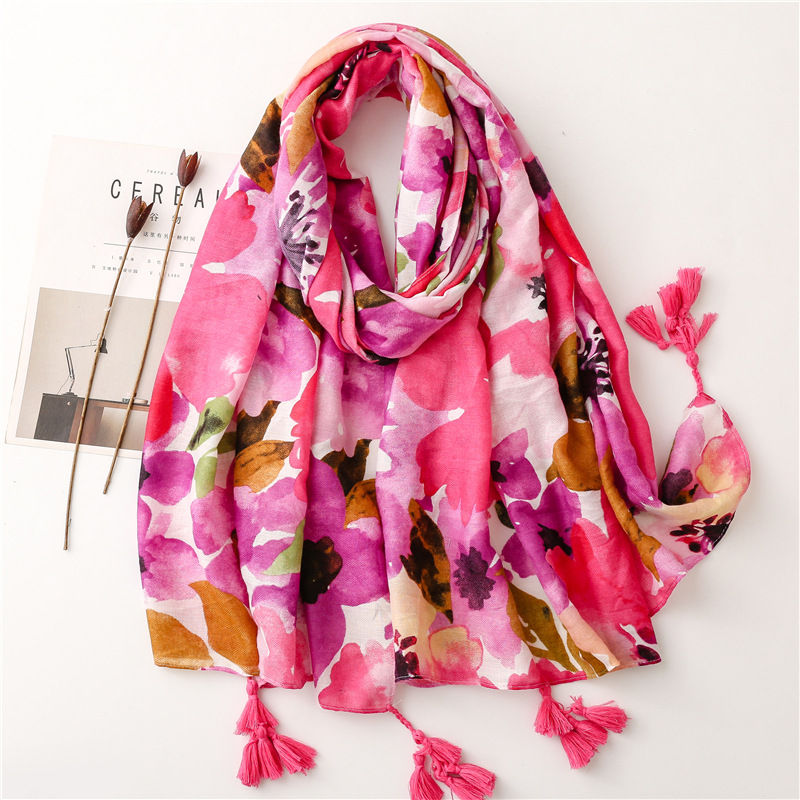Thumbnail: Fashion Women Spring Autumn Viscose Scarf Shawl Lovely Leopard Floral Tassel Pas