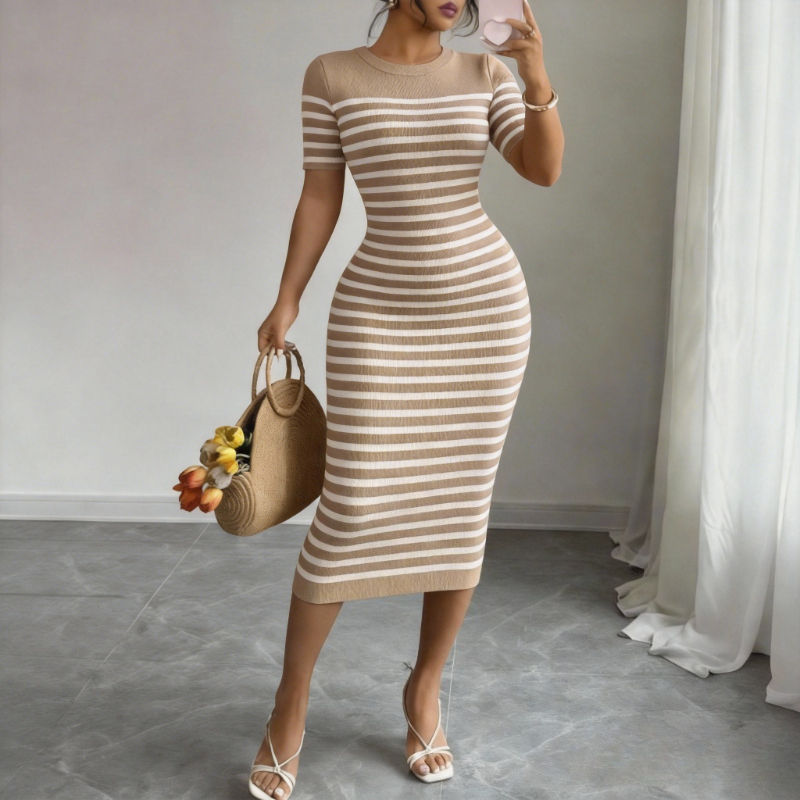 Thumbnail: Women's Black Striped Crew Neck Short Sleeve Stretchy Knit Midi Dress Bodycon Su