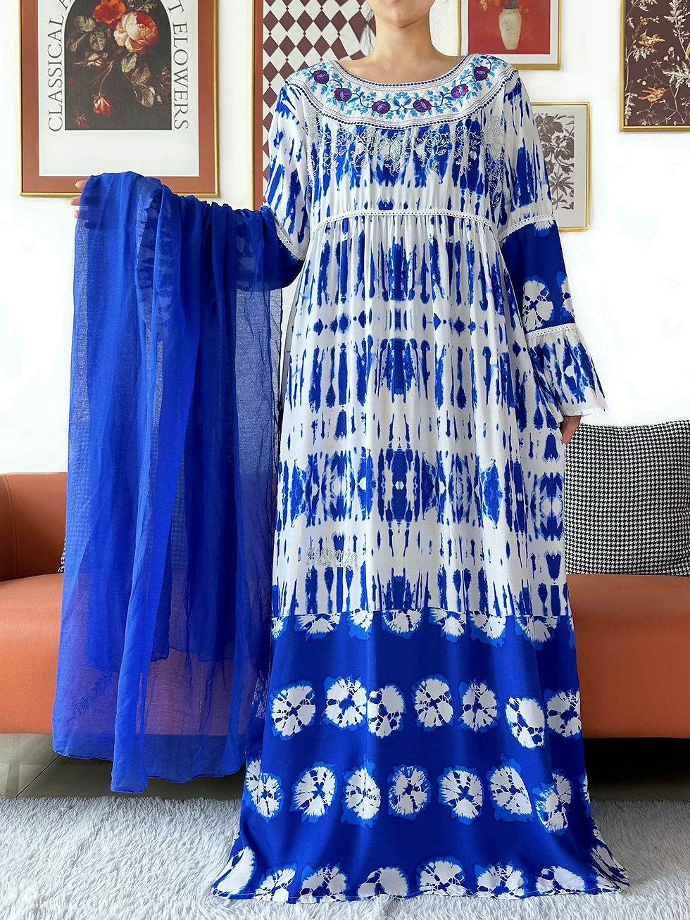 Thumbnail: Newest High Quality Kashkha Women Elegant Cotton Dubai Abaya Dress Long Sleeve L