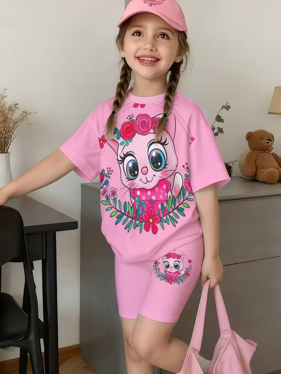 Thumbnail: Summer T-Shirt Shorts Children's Short Sleeve Set Cute Cartoon Cat Print Tees Sh