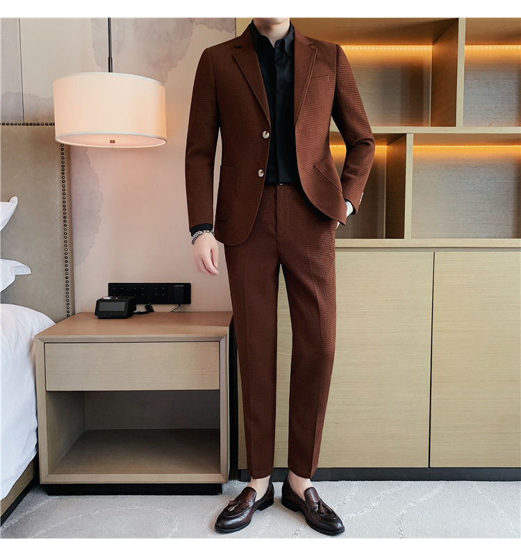 Thumbnail: 2025 New Waffle Blazers +Pant 2 Piece Set Men Fashion Business Slim Fit Solid Tu