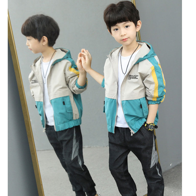 Thumbnail: 2025 New Splicing Boys Coat Spring Autumn Letter Printing Handsome Hooded Windbr