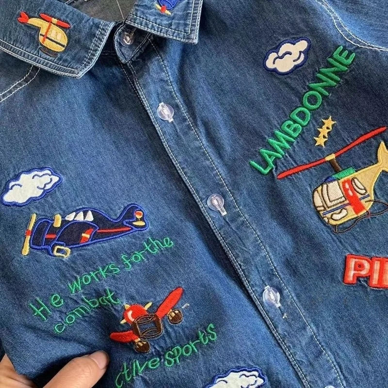 Thumbnail: Fashion Boys denim shirt cartoon Embroidery Kids long sleeve Coat children loose