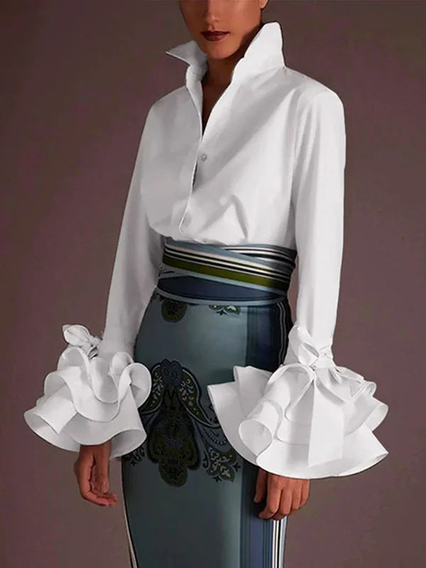 Thumbnail: shirts & blouses Women Elegant Flared Sleeves Falbala Blouses Tops Spring Autumn