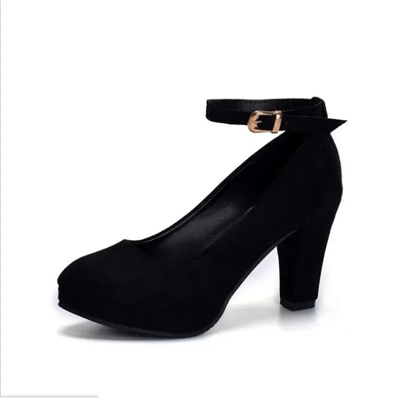 Thumbnail: Spring Women Pumps Flock Sweet Thick High Heels Ankle Strap Female Platform Clas