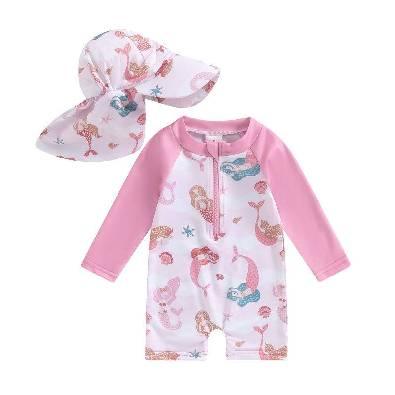 Thumbnail: Toddler Girls Boys Beach Wear Kids Swimwear Summer Long Sleeve Floral/Tropical P