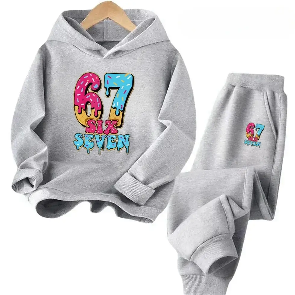 Thumbnail: 67 Hot Sale Kids Outfit 4-13Y 2Pcs Tracksuit Cartoon Teal A Brain Rot 67 Six Sev