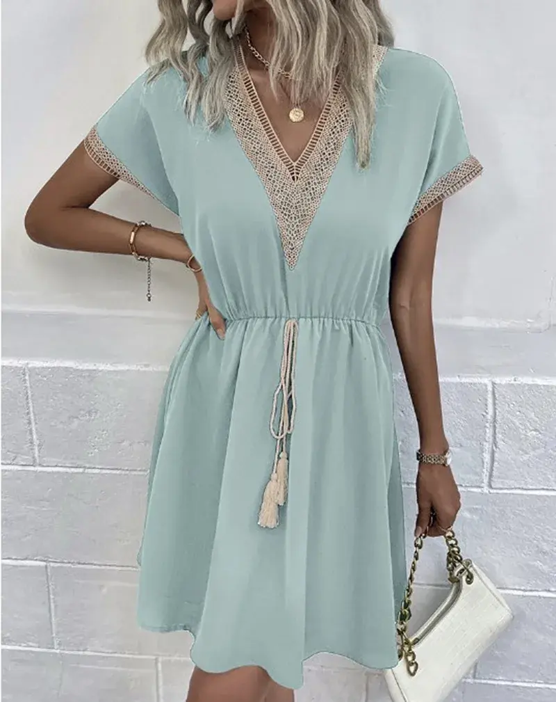 Thumbnail: Summer Solid Short Sleeve Lace V Neck Waistband Female Beach Midi Short Dress El