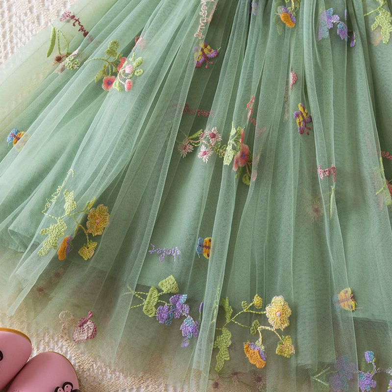 Thumbnail: Summer New Sweet Girls' Little Sling Dress Children's Bow Floral Embroidery Mesh