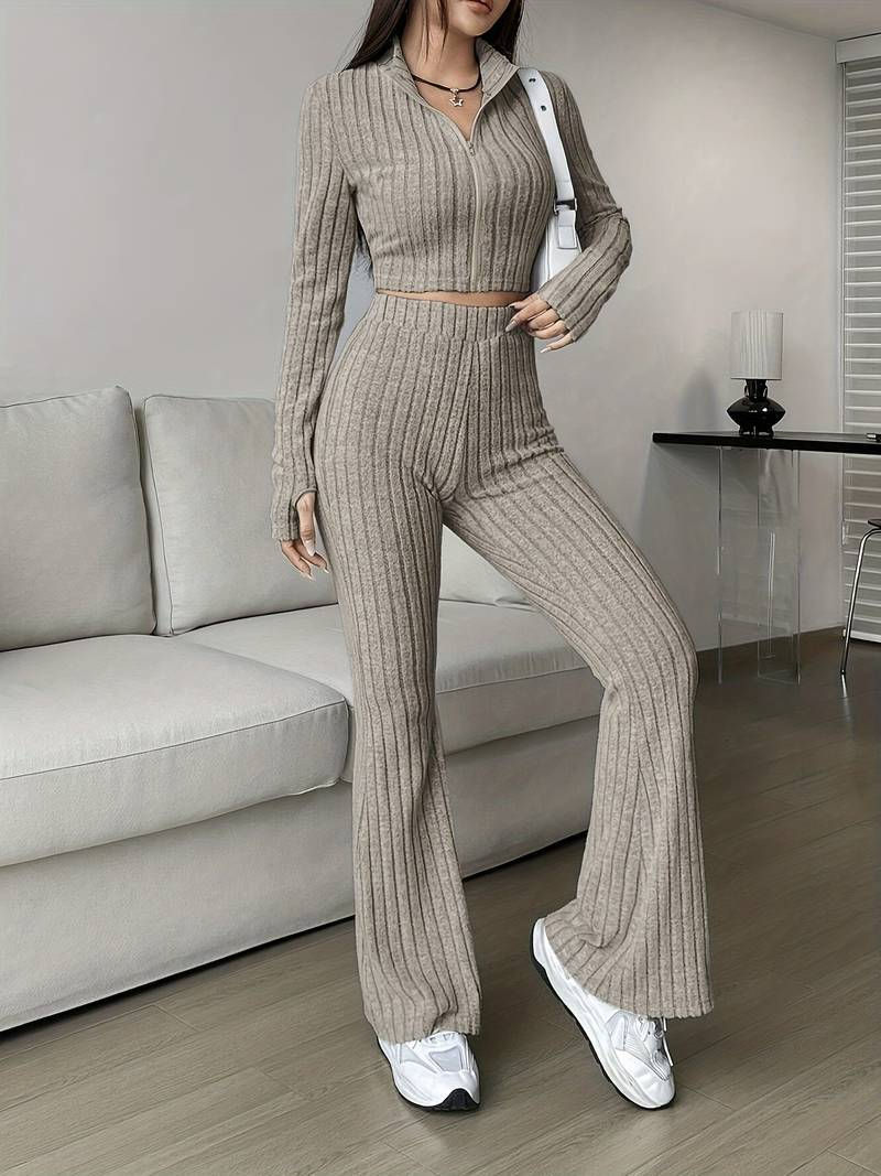 Thumbnail: Short Style Zip Rib Knit Tops Long Pants Suit Women Casual Long Sleeve T-shirt &