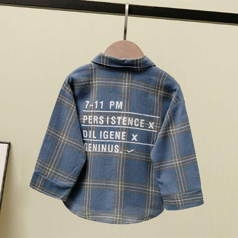 Thumbnail: Boys Spring Autumn Casual Letter Print Cotton Plaid Trendy Long Sleeved Shirts 2