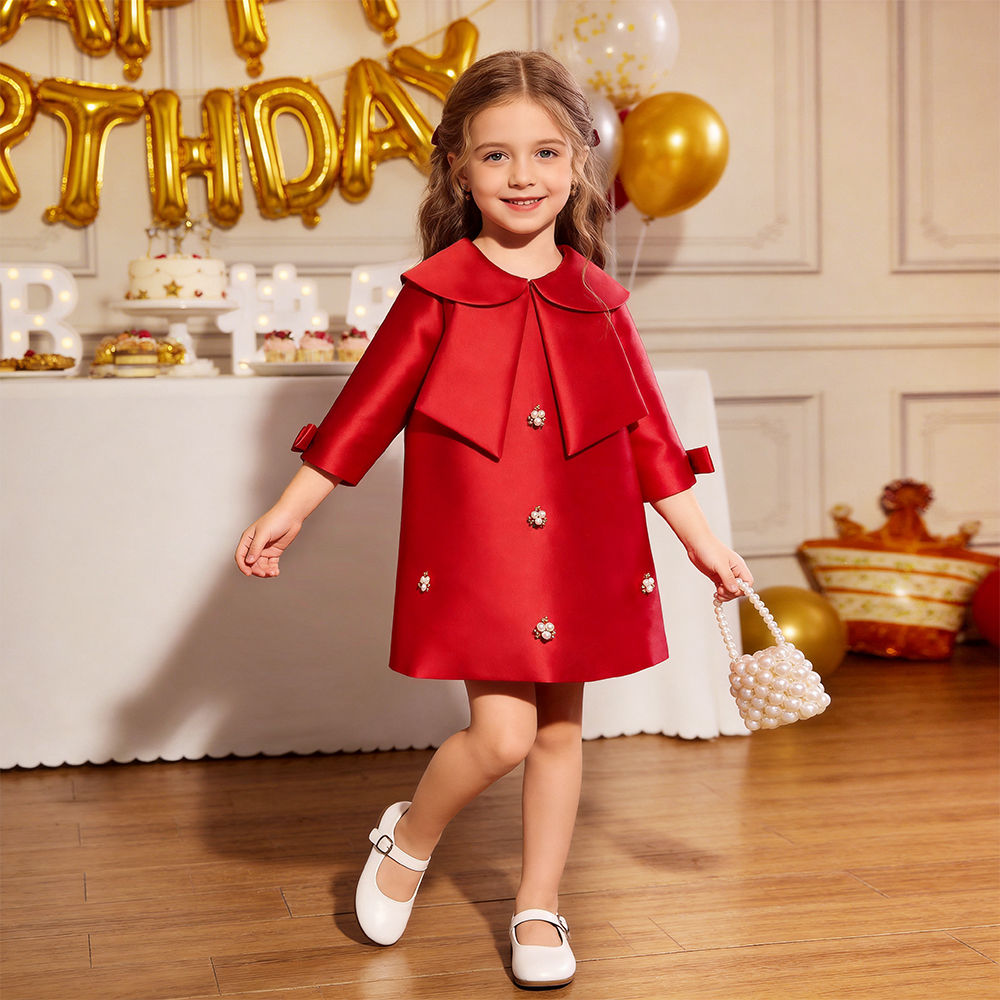 New Fashion Girls Western Style Long-Sleeve Red Princess A-Line Skirt Luxury Han