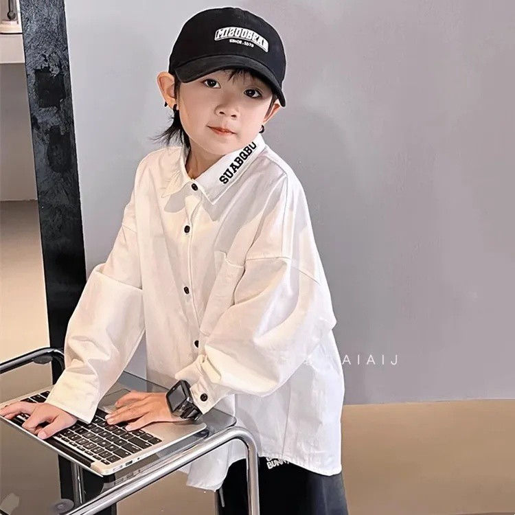 Thumbnail: New 3-12 Years Spring Autumn Boys Shirt Solid Color Single Breasted Stand Collar