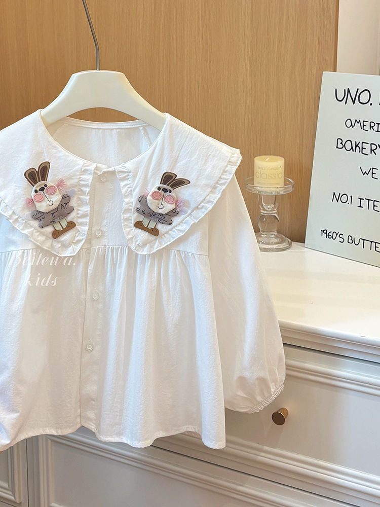 Thumbnail: Girls Casual Shirt Cotton Blouse Rabbit Collar Long Sleeves Button Front Kids Fa