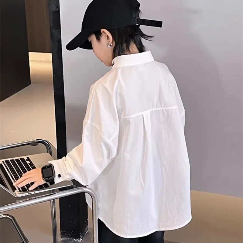 Thumbnail: New 3-12 Years Spring Autumn Boys Shirt Solid Color Single Breasted Stand Collar