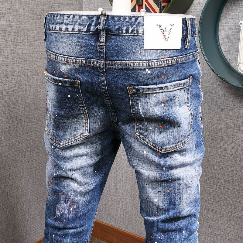 Thumbnail: Fashion Streetwear Men Jeans Retro Blue Elastic Slim Fit Ripped Jeans Men Painte
