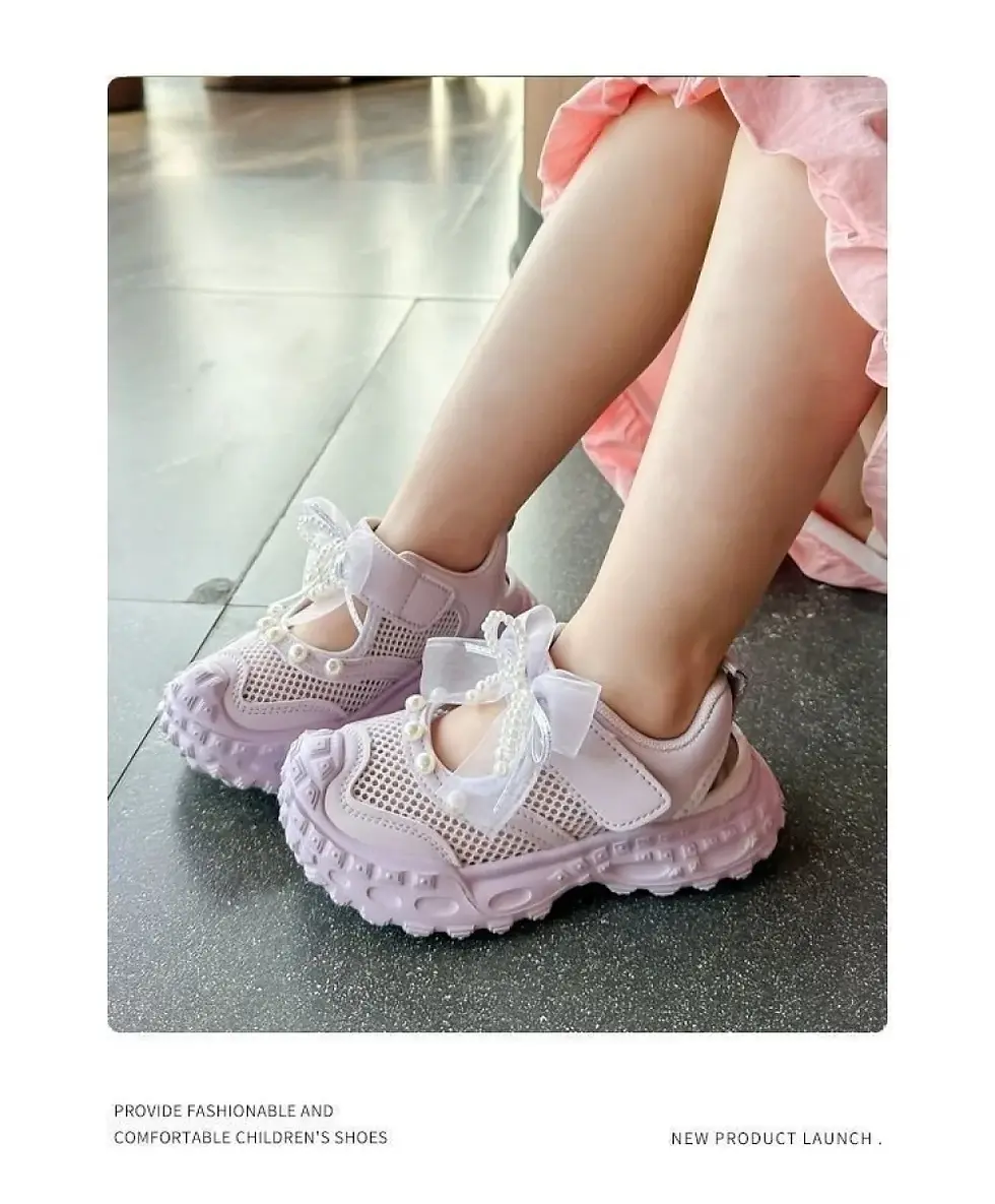 Thumbnail: PU Leather Sport Shoes For Girls Hollow Out Mesh Breathable Teenager Girl's Sand