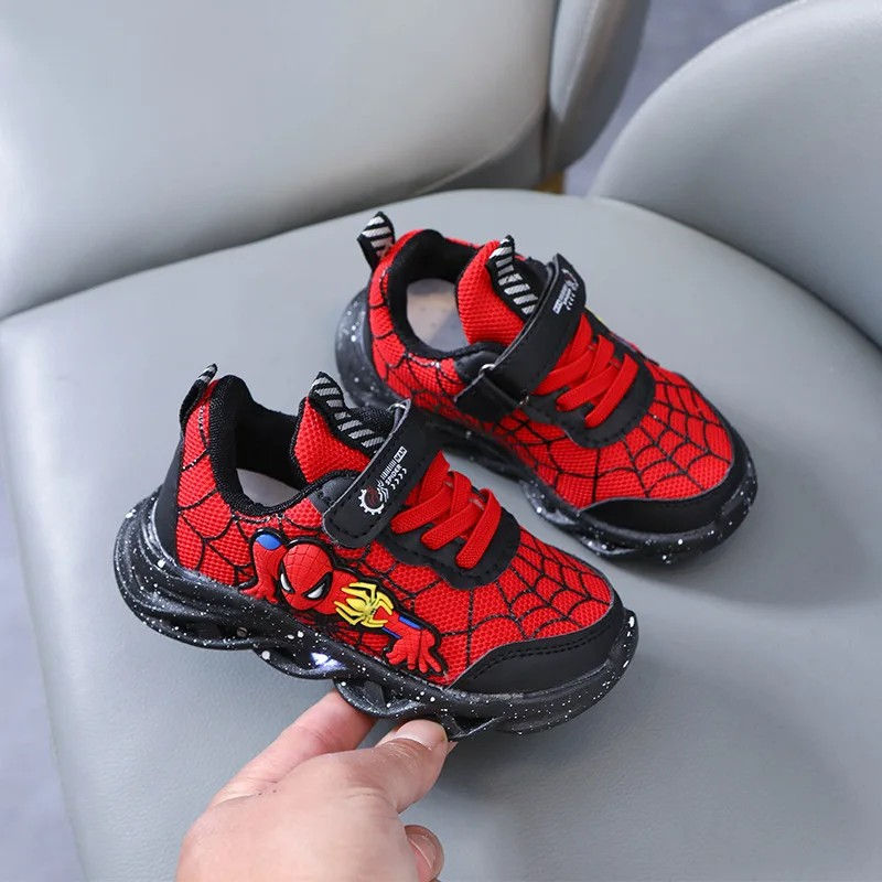 Thumbnail: Disney LED Casual Sneakers Red Black For Spring Boys Spiderman Mesh Outdoor Shoe