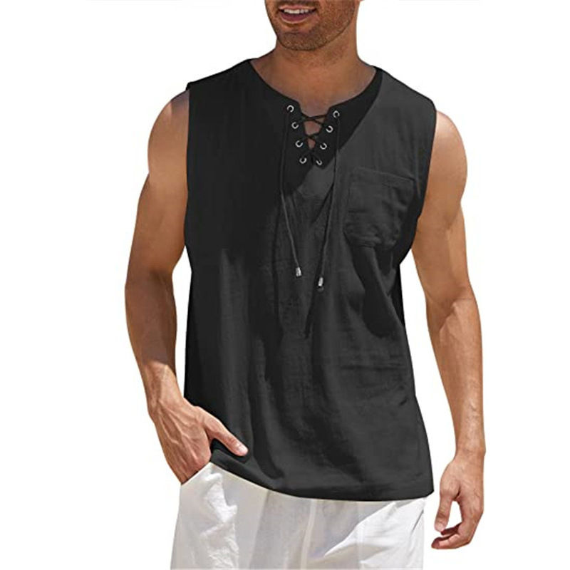 Thumbnail: Men's Casual Shirts Leeveless Vest Bandage Lace Up Blouse Retro V Neck Fashion L