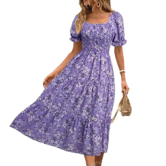 Thumbnail: 2025 New Women's Printed Dress Square Collar Bubble Sleeve Empire Waist Midi Dre
