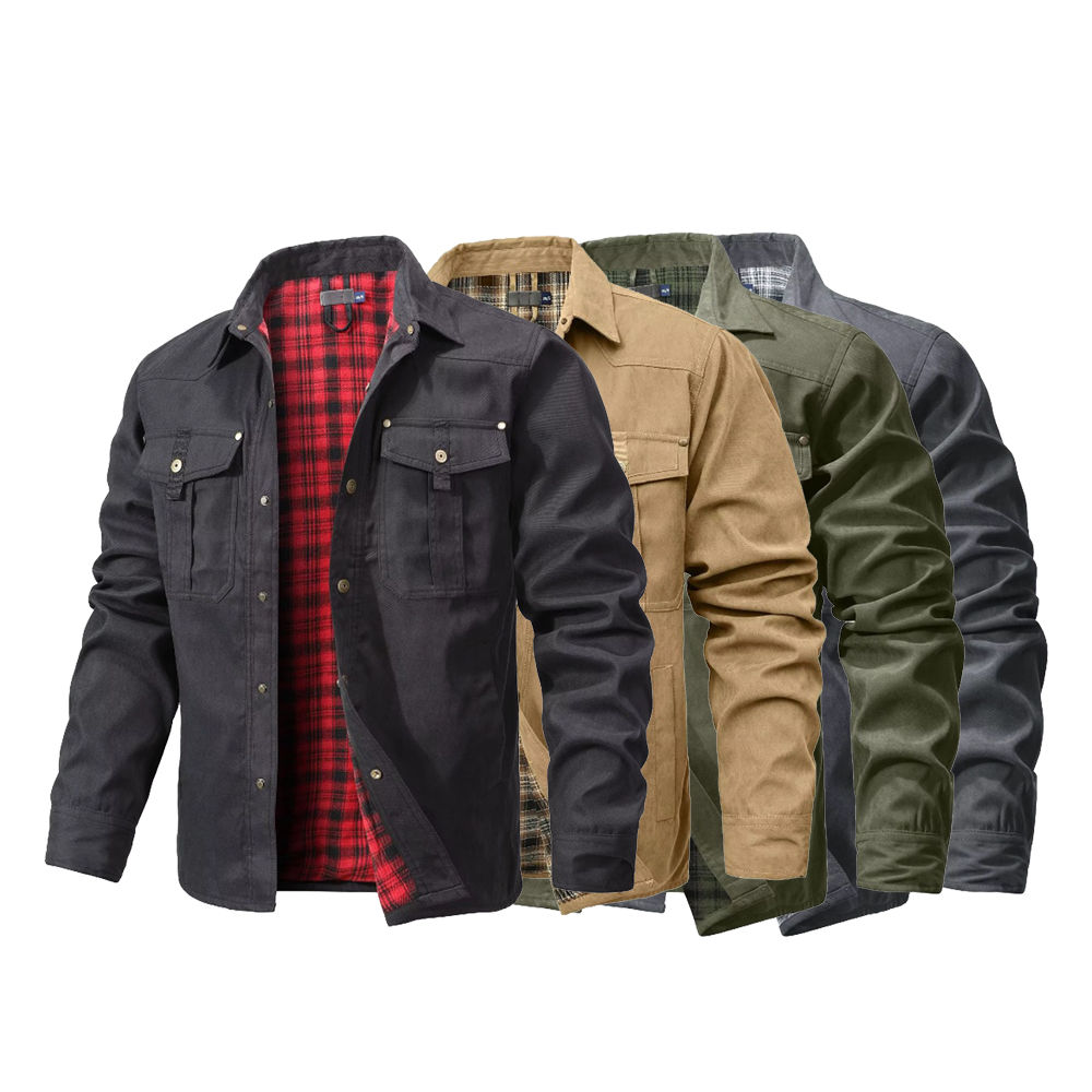 Men's Jackets Spring Flannel Lined Shirt Coat Shacket Casual Snap Button Overshi