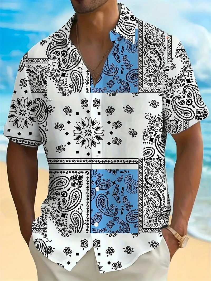 Thumbnail: Hawaii Shirts for Men 3D Paisley Graphic Short-sleeved T-shirt Casual Lapel Butt