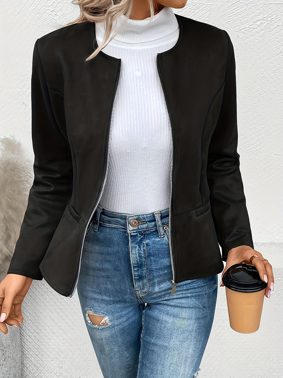 Thumbnail: Women's Fashion Round Neck Slim Fit Top Long sleeved Access Control Zipper Cardi