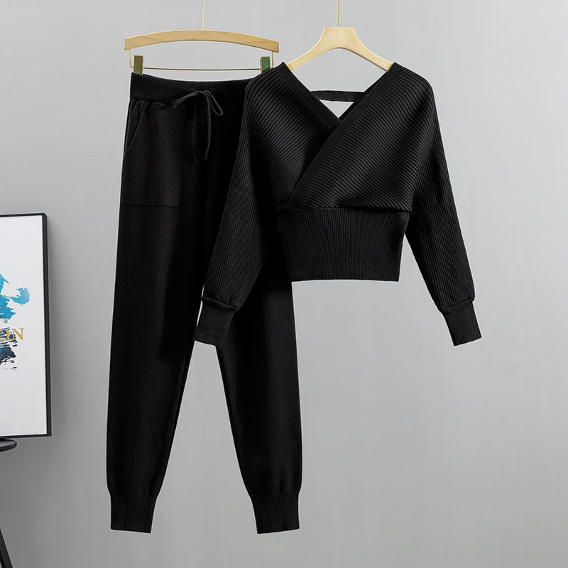 Thumbnail: Elegant Tracksuit Sexy Two Piece Set Women Korean Style Ribbed Knitted Backless 