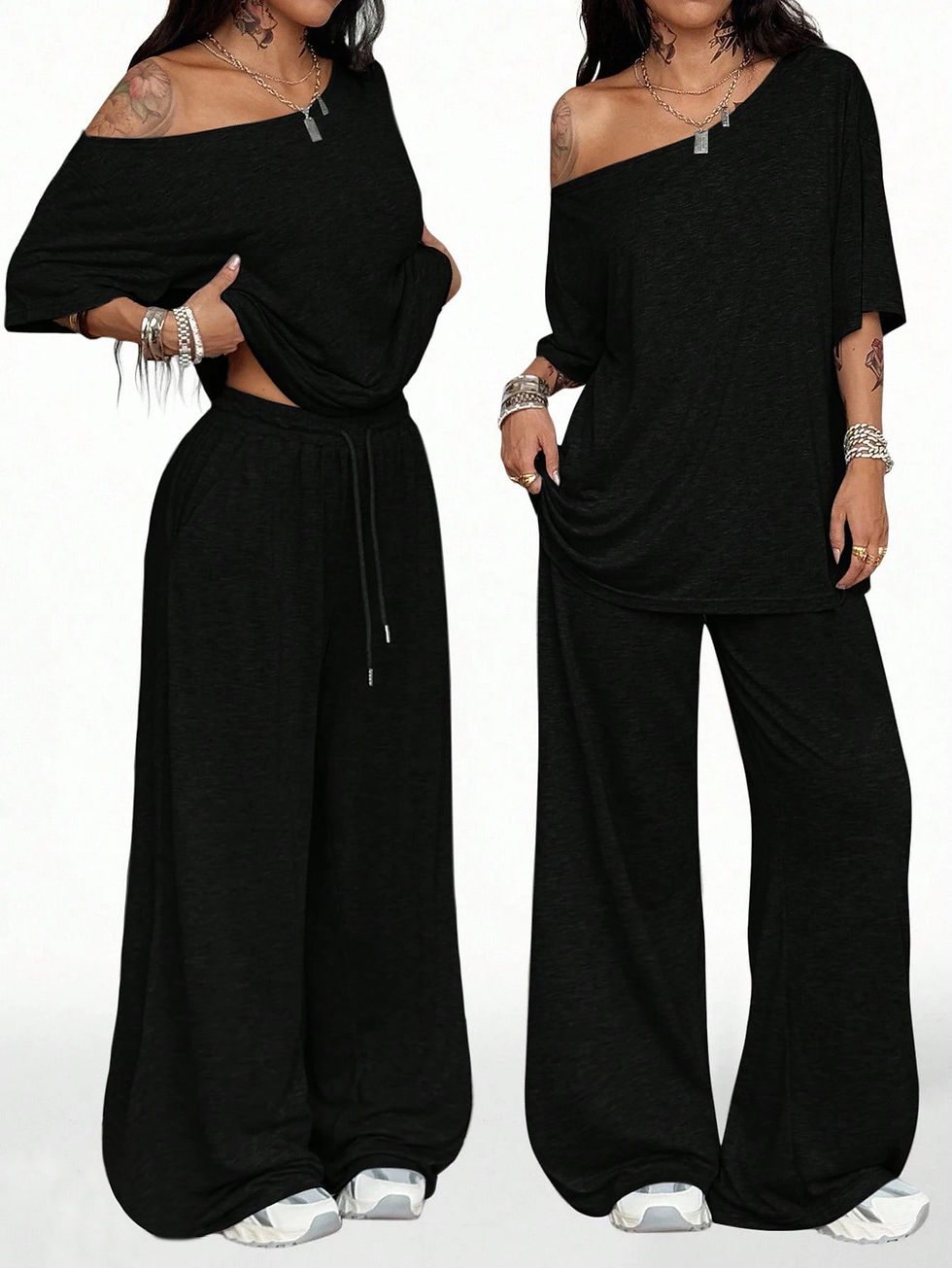 Thumbnail: Women's Casual Solid Color Sports Two-Piece Loose Fit Pants Set with Slanted Hem