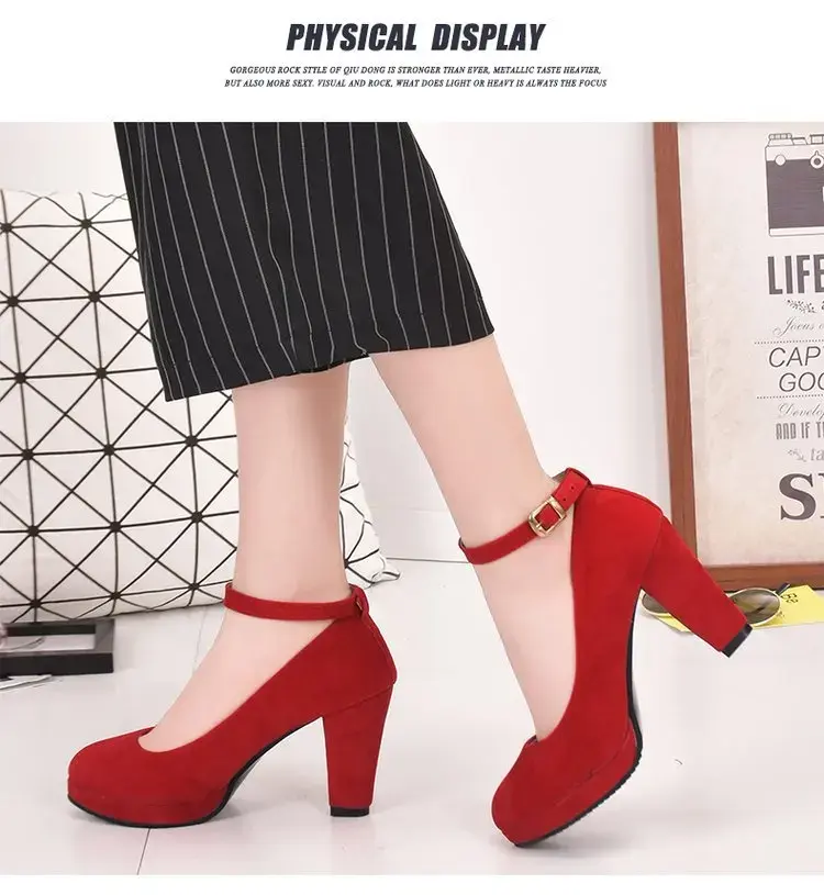 Thumbnail: Spring Women Pumps Flock Sweet Thick High Heels Ankle Strap Female Platform Clas