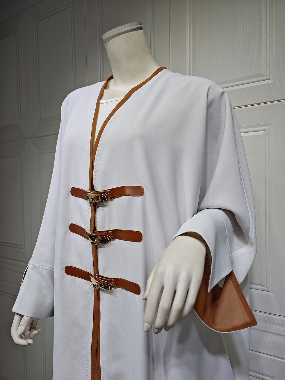 Thumbnail: Islamic Ladies Fashion Long Sleeve Black White Open Abaya Dress Dubai Turkey Ram