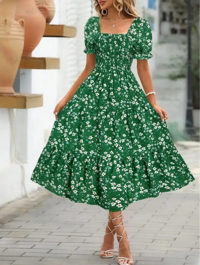 Thumbnail: 2025 New Women's Printed Dress Square Collar Bubble Sleeve Empire Waist Midi Dre