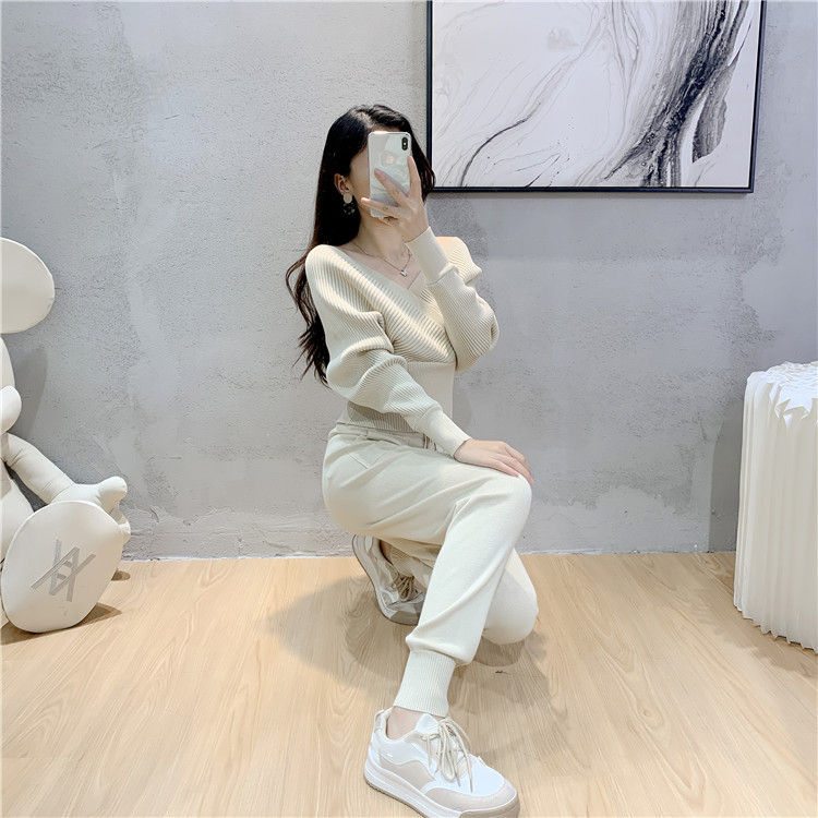 Thumbnail: Elegant Tracksuit Sexy Two Piece Set Women Korean Style Ribbed Knitted Backless 