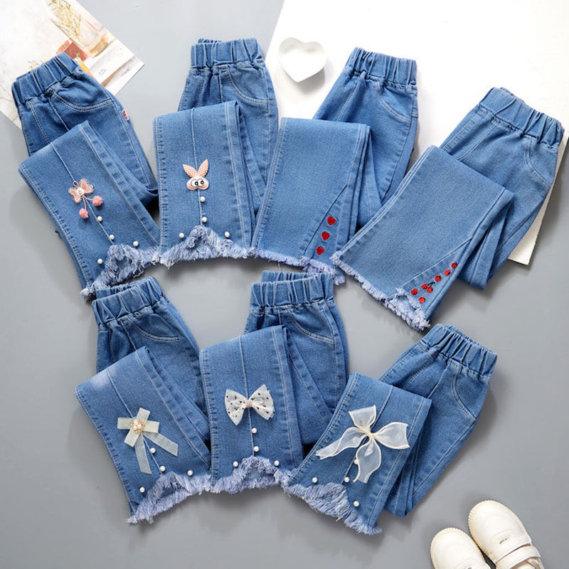 Thumbnail: 2024 New Autumn Elastic Kids Jeans Girls Cute Leisure Bow Denim Blue Children 