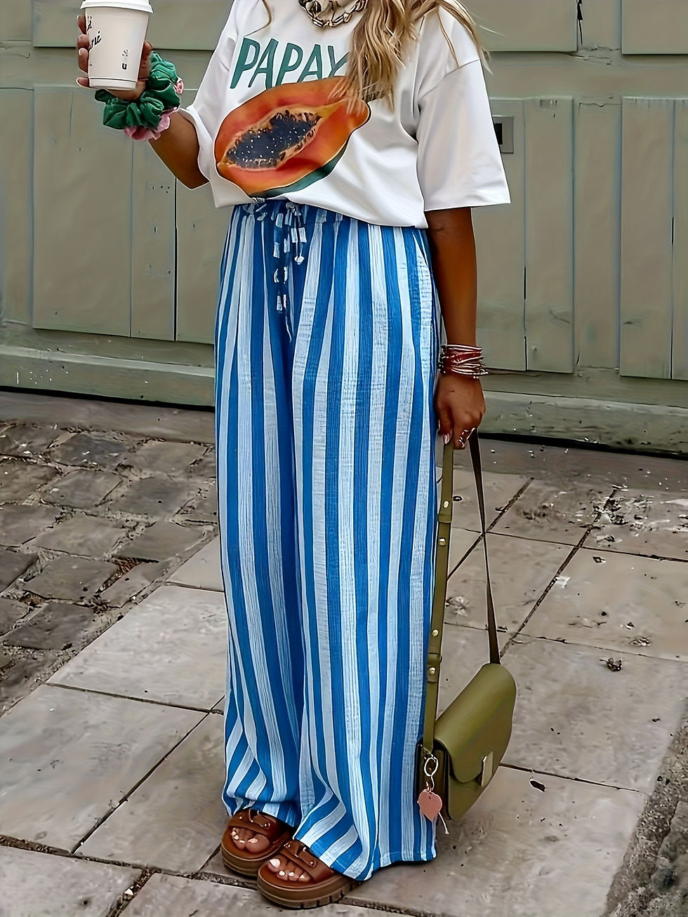 Thumbnail: Women Loose Striped Drawstring Pants Wide Leg Trousers with Pockets Easy Summer 