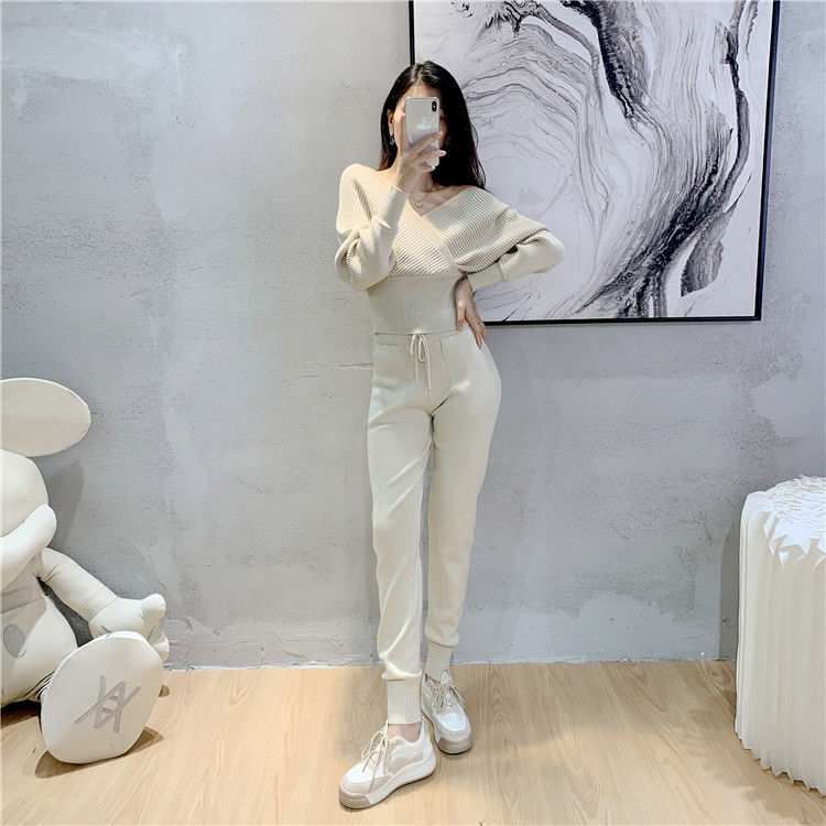 Thumbnail: Elegant Tracksuit Sexy Two Piece Set Women Korean Style Ribbed Knitted Backless 