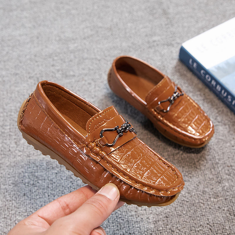 Thumbnail: Boys Leather Shoes Round-toe Flat Soft Kids Fashion Casual Loafers Glossy Metal 