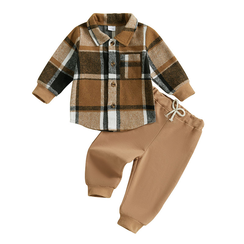 Thumbnail: 1-5Years Kids Baby Boy Autumn Clothes Outfits Plaid Print Long Sleeve Shirt and 