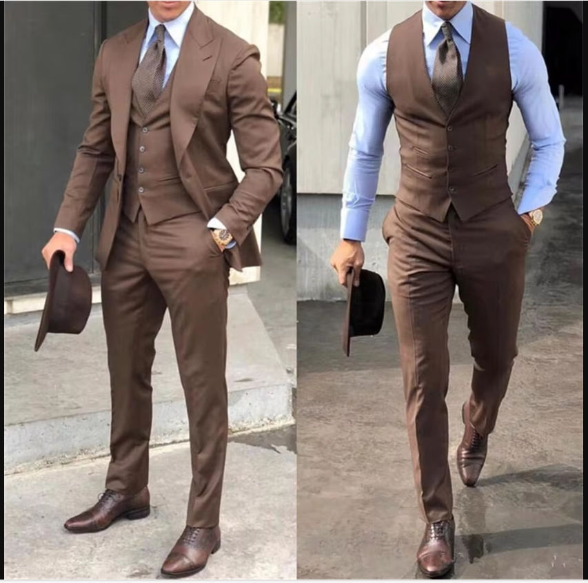 Thumbnail: 3 Pieces Black Classic Men Suit Tuxedo Peak Lapel Groomsmen Wedding Suits Set Fa