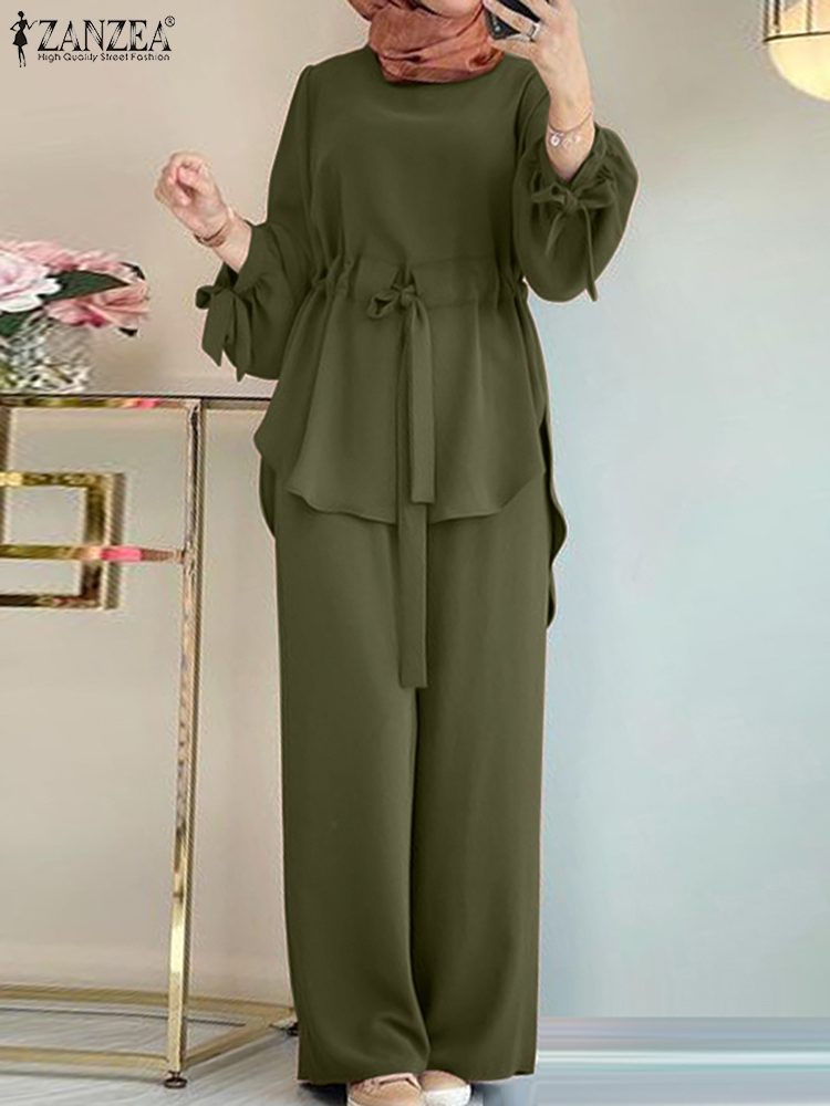 Thumbnail: ZANZEA Muslim Women Matching Sets Long Sleeve Solid Color Tops And Loose Pant Su