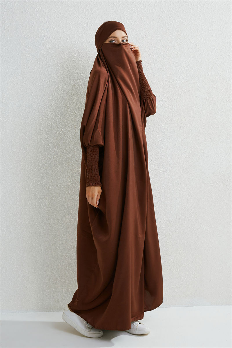 Thumbnail: Muslim Abaya Hooded Smocking Sleeve One-piece Prayer Dress Women Jilbab Islamic 
