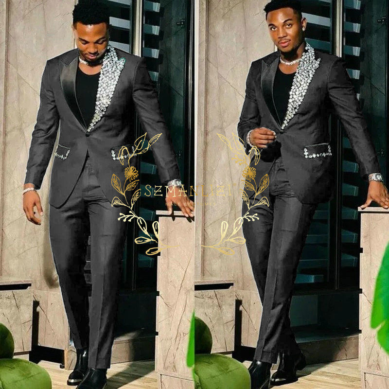 Thumbnail: Black Suits for Men Slim Fit Single Breasted Peak Lapel Blazer High Quality Crys
