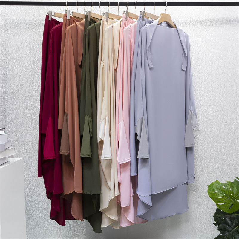 Thumbnail: Muslim Sets Two Pieces Prayer Clothing Long Hooded Smocking Sleeve Shirts Hijab 
