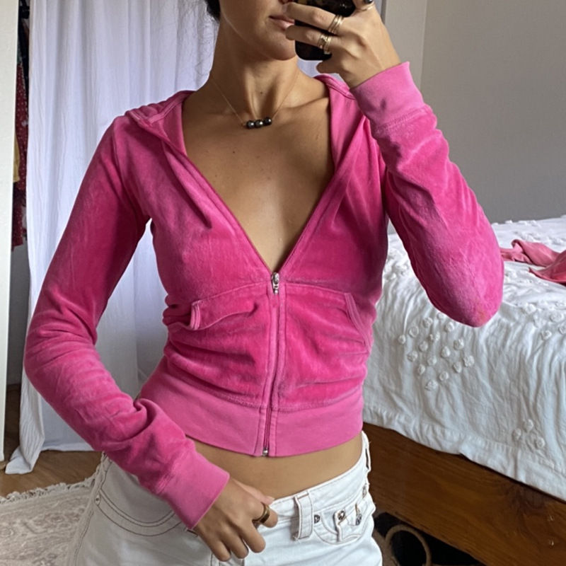 Thumbnail: Y2K Casual Hoodies Sweatshirt with Pocket Women Velvet Zip Up Crop Hoodie Jacket